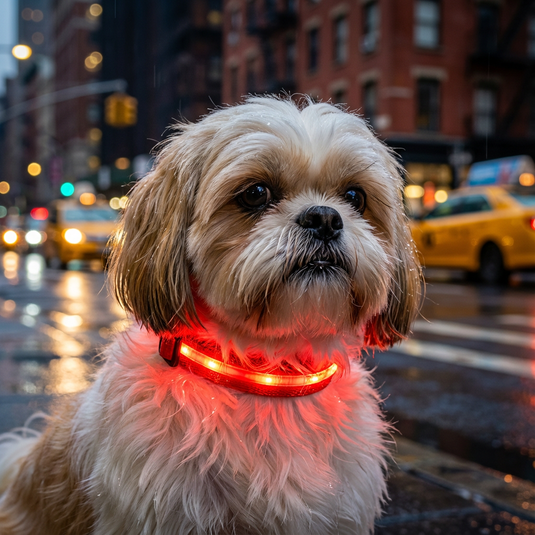 Small dog wearing a red LED collar on a city street with blurred background