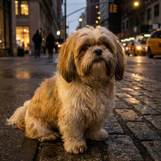 Small dog sitting on a city street at night with blurred background