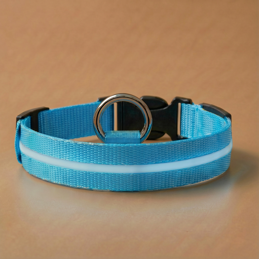 Blue dog collar with a reflective strip on a brown background