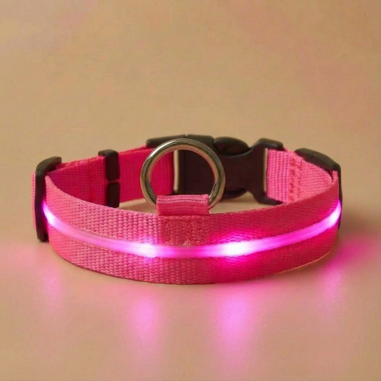 Pink LED dog collar on a beige background