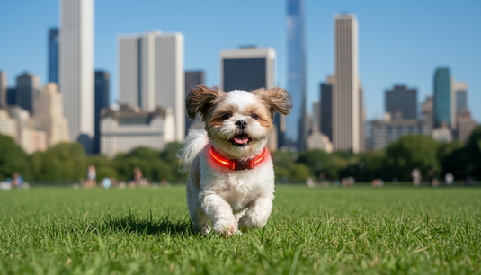 Small dog running on grass with a city skyline in the background