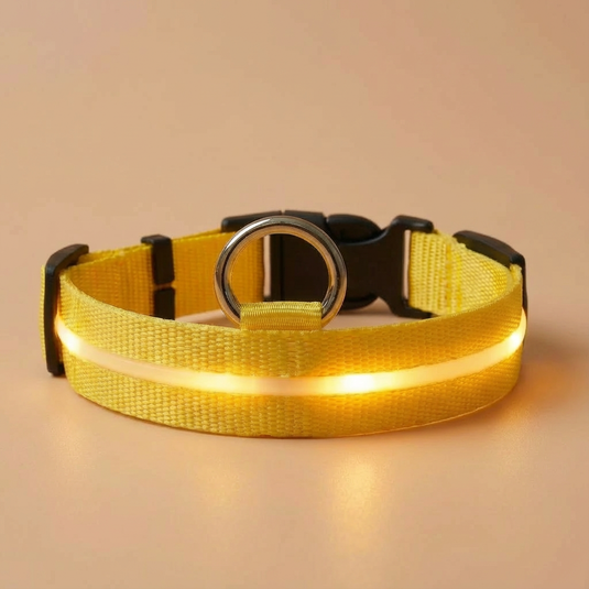 Yellow LED dog collar on a beige background